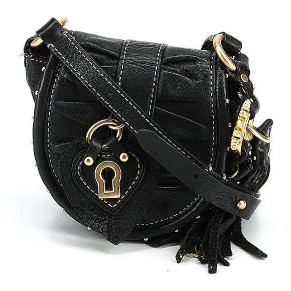 Juicy Couture Crossbody Bag Iconic Heart Lock Vintage Leather Black Brass Women - Picture 1 of 16